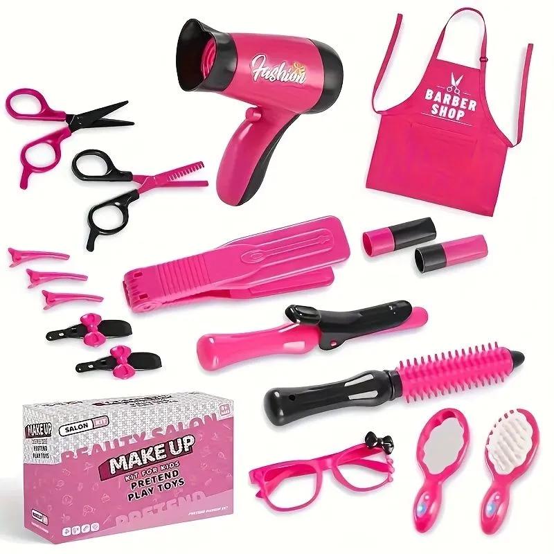 hairdresser set for children, toys for girls, 17 items, 3 + 6 + (pink, fuchsia)