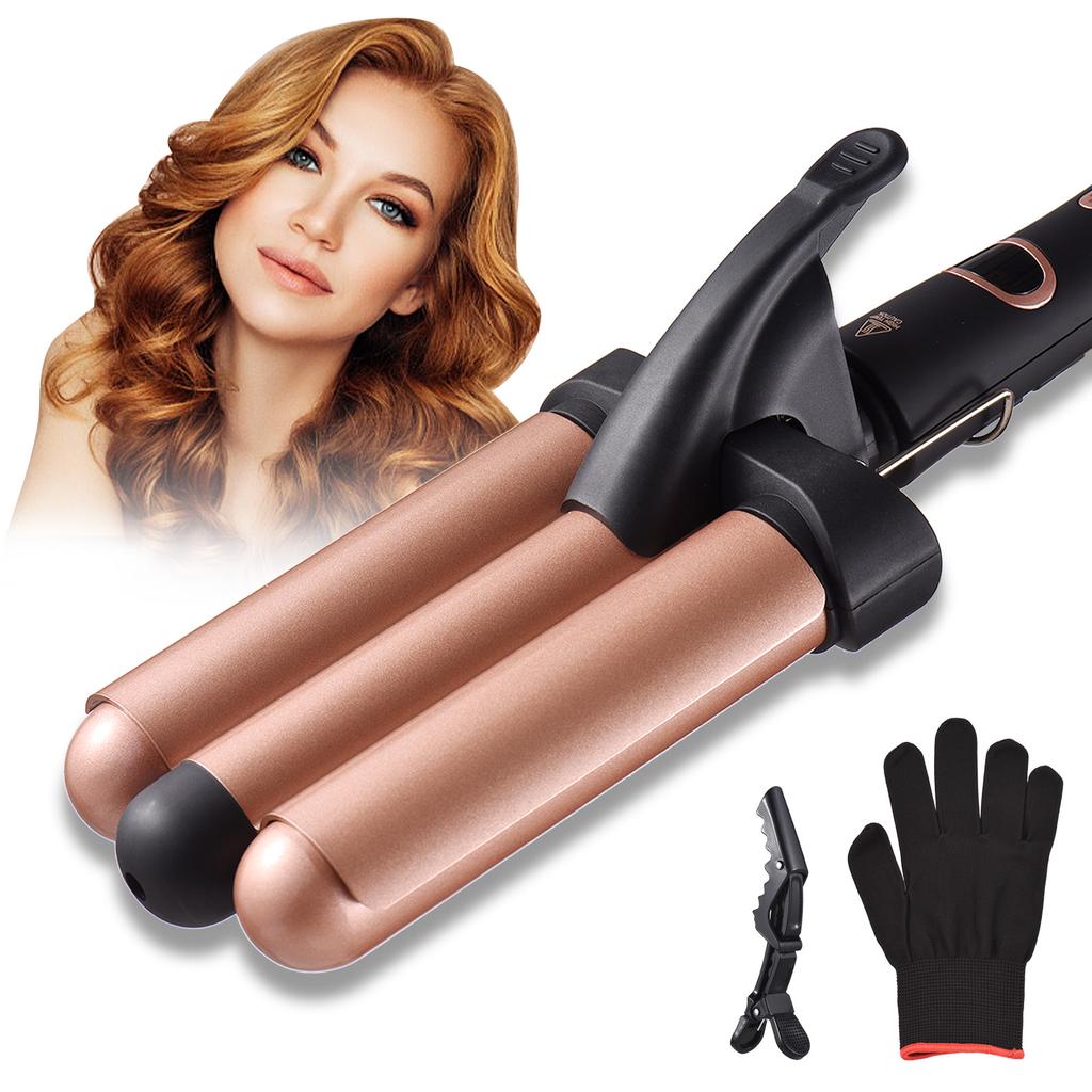 Pretfy Hair Curling Iron 3-Barrel 32mm Hair Waver Hair Curler Temperature Adjustable LCD Temp