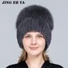 JINGRERYA Female Hat Good Elastic Natural Fluffy Real Fox Fur Hat New Winter Women Knitted Real Rex Rabbit Fur Hats Lady Real Fur Cap