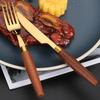 HS Western Cutlery Set: Exquisite Sapele Wood & 304 Stainless Steel Knife, Fork, Spoon with Round Wood Handle.