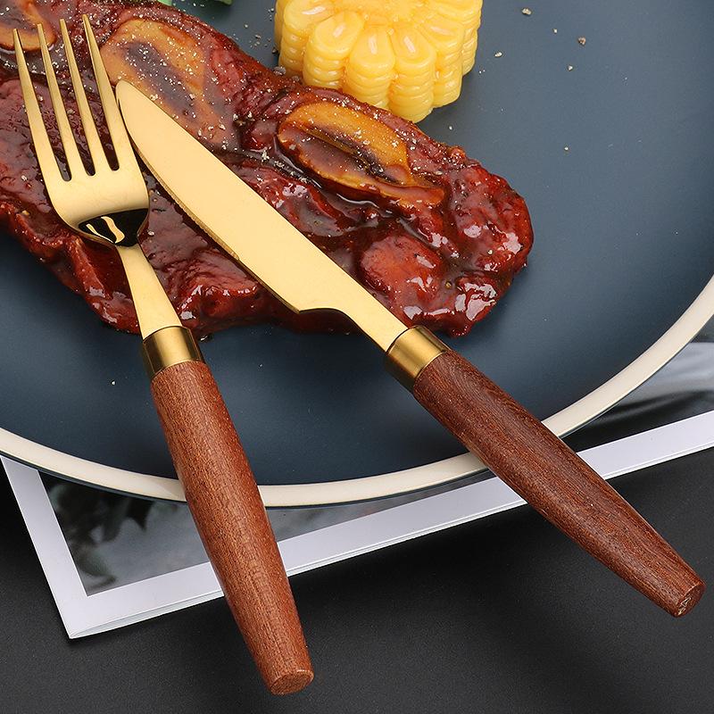 HS Western Cutlery Set: Exquisite Sapele Wood & 304 Stainless Steel Knife, Fork, Spoon with Round Wood Handle.