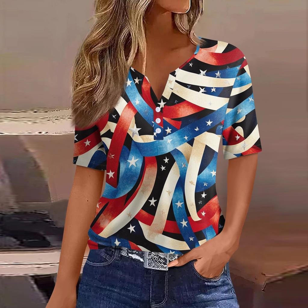 Жен. Футболка С принтом Пуговицы С короткими рукавами Повседневные Выходные Мода Классический V-образный вырез Обычный Верх