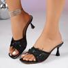 Fashion Bow Decor Mesh Thin Sole Slippers Women Fashion Shiny Crystal Square Toe Sandal Woman Party Wedding High Heel Black Slides Mujer