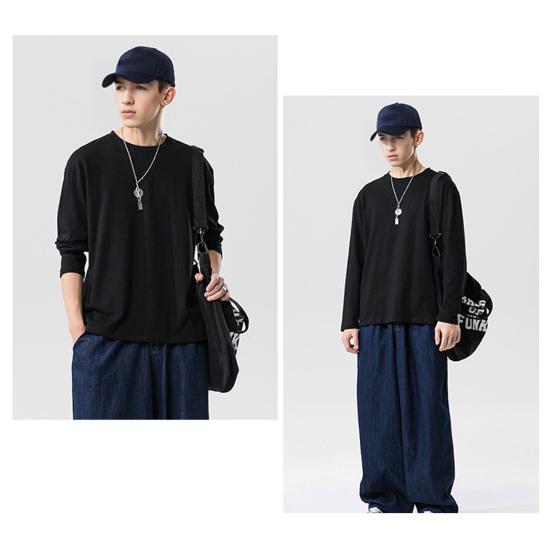 Мужская футболка с длинным рукавом, круглым вырезом, свободного кроя, базовая хлопковая футболка, однотонная, повседневная, для весны и осени