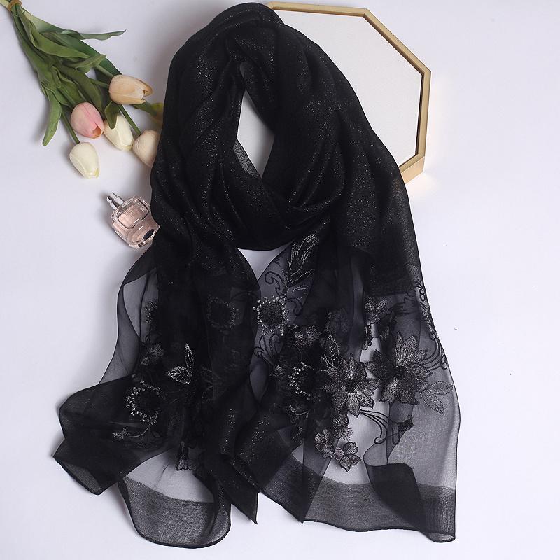 Luxury Silk Shawl Scarf for Women Design Embroidery Flowers Hijab Wraps Bufandas Female Headkerchief Fouloud Echarpe