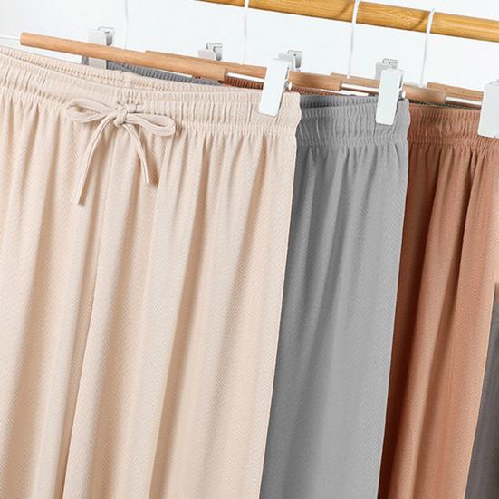 Women Ice Silk Pants Elastic High Waist Adjustable Drawstring Straight Wide Leg Pants Solid Color Long Trousers Daily Wear