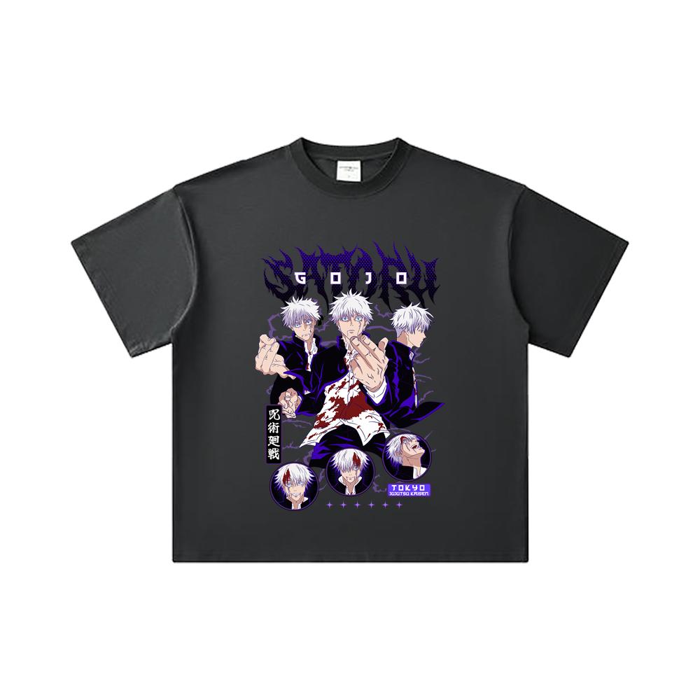 260 GSM Double Yarn 32 Count 100% Cotton Jujutsu Kaisen V6 Gojo Print Unisex Heavy Cotton T Shirt