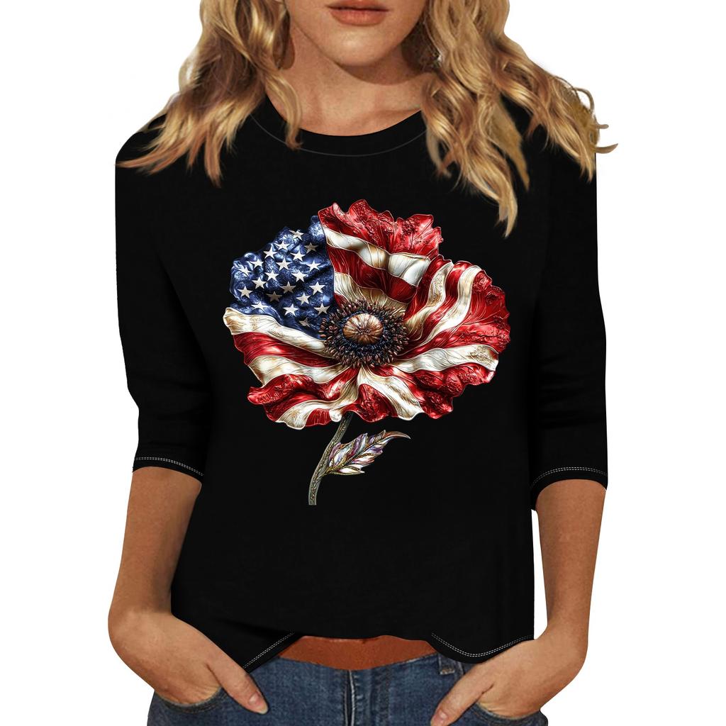 3/4 Sleeve Tops For Women T-Shirt Casual Print Tops T Shirt Round Neck Pullover Blouse