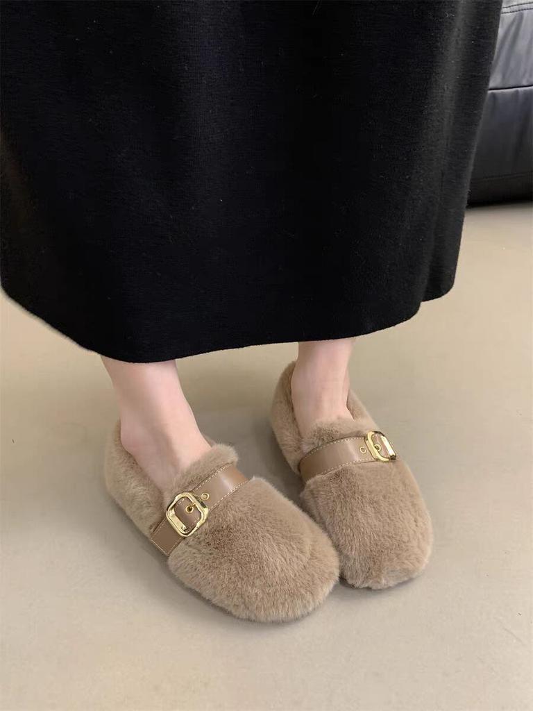 Плюшевые туфли на плоской подошве женские осенне-зимние из норки теплые сказочный ветер Doudou хлопковые туфли