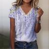 Women Casual Loose Shirts V Neck Short Sleeve Flower Print Lace Tops T-shirts Tee