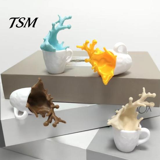 Stylish Shelf Displays 3D Printed Spilling Coffee Mug Figurine, Splash Cup Sculpture, Creative Lifelike Sculptures Tabletop Decor for Home Office