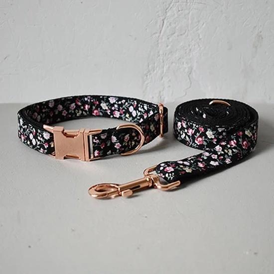 Nylon Personalized Soft Dog Collar Leads with Bow Tie Traction Rope Engraved ID Pet Collar Straps Bulldog Frances Flowers 05