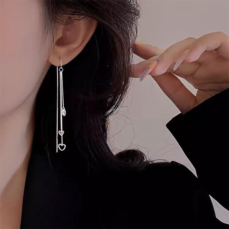 2024 Light Luxury Long Tassel Zircon Heart Earrings - Trendy & Elegant Niche Design
