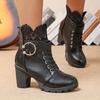 Large Size Metal Buckle Fashion Women's Boots Autumn and Winter Lace Lace Rear Zipper Cross Strap Women's Boots