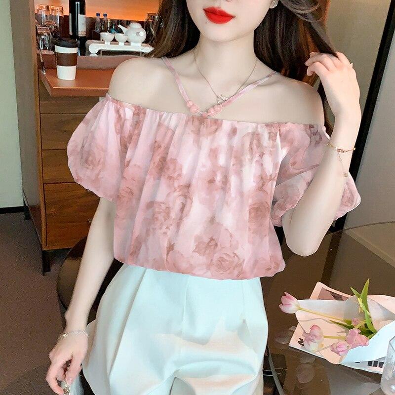 Милая рубашка с открытыми плечами, женские свободные топы, элегантная летняя блузка с короткими рукавами и цветочным принтом, женская новая повседневная одежда 27415