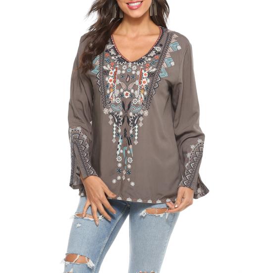 Женская рубашка в стиле бохо с вышитым цветочным узором, расклешенная, с длинным рукавом и V-образным вырезом