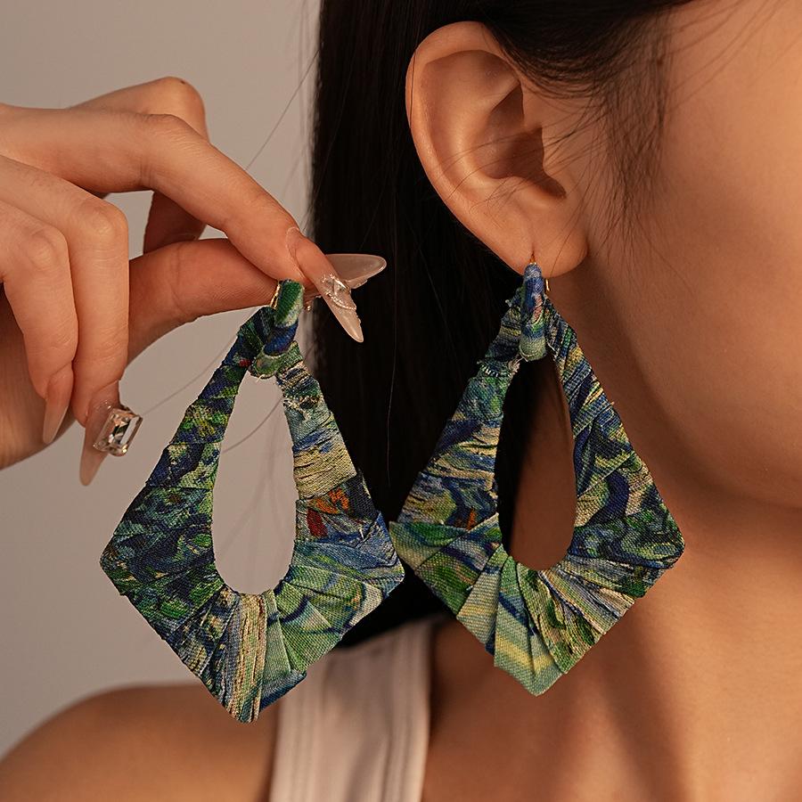 Exaggerated Contrast Color Fabric Winding Silver Needle Earrings European Irregular Geometric High‑End Jewelry