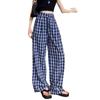 Women's Retro Plaid Double-Breasted Straight-Leg Wide-Leg Pants - Zhao Lusi Style, Spring & Autumn Collection in Blue.