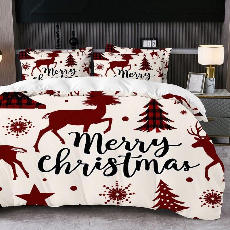 Christmas Reindeer Sleigh Snowflake Print Duvet Cover And Pillowcase Set 2Pcs Or 3Pcs Bedding