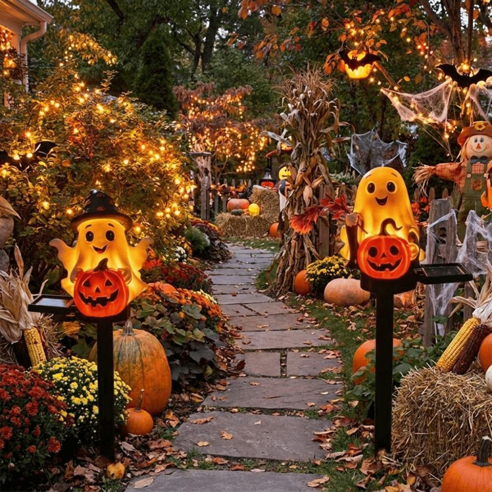 Cute Solar Halloween Lights Waterproof Pumpkin Design Solar Ghost Pumpkin Lights Resin Figurine Solar Powered
