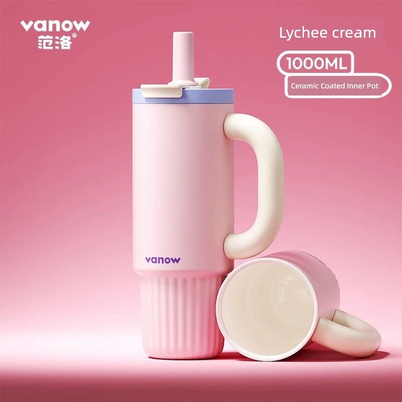 British Vanow Large-Capacity Thermos Cup for Men and Women, Simple Solid Color Ceramic Inner Tube, Straw, Ice Cup