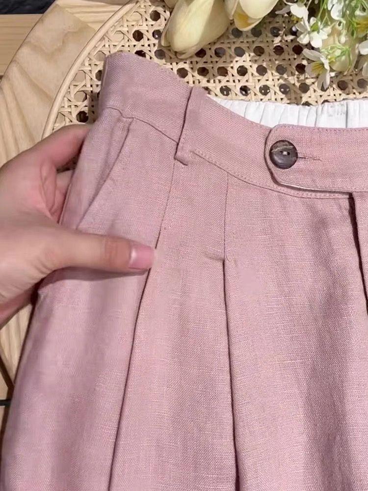 Широкие брюки из тенсела и льна цвета дымчато-розового: Женские petites брюки прямого кроя из рами, хлопка и льна с драпировкой