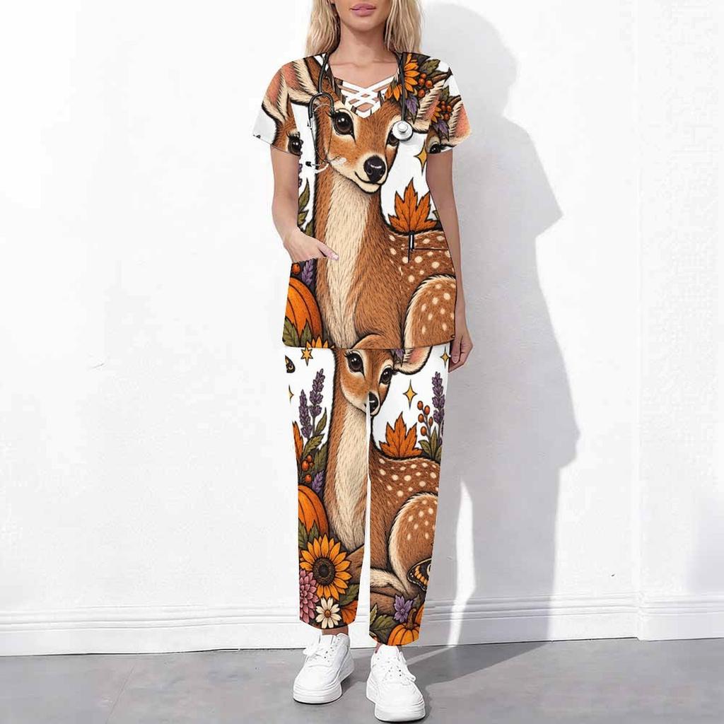 Women Plus Size Halloween Printed Scrub Set Cutout Neck Short Sleeve Pocket Top Long Pants Two Piece