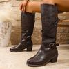 Vintage Cross Belt Buckle Mid-heel Knight Boots Women's New Fall 2025 Plus-size High Boots