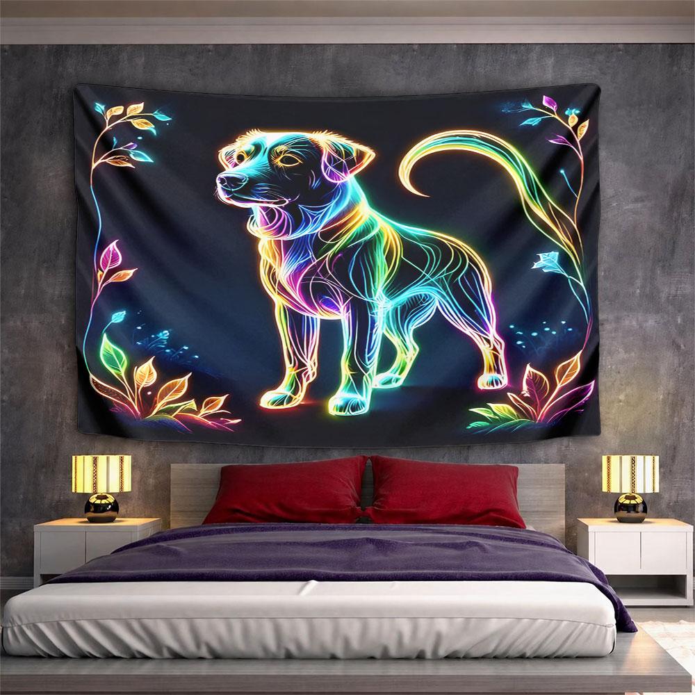 Colorful Neon Dog with Floral Accents Pattern Wall Hanging Tapestry Decorative Tapestry Home Decor for Bedroom and Living Room