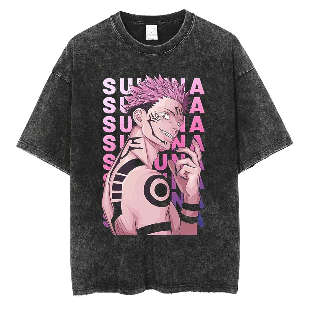 Аниме Jujutsu Kaisen Рёмен Сукуна Выстиранная футболка Винтажный хлопок Мужская уличная одежда Оверсайз Женская с короткими рукавами