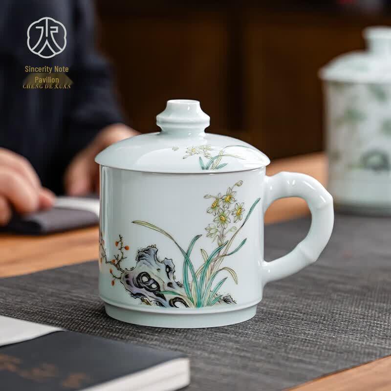 Керамическая офисная чайная чашка Jingdezhen ручной росписи с крышкой