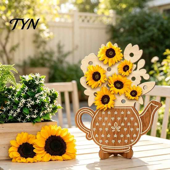 Hand Painted Wood Art Wooden Teapot Shape Flower Holder, Natural Floral Display Stand, DIY Handmade Craft Blank Vase Decor for Artificial Arrangement,