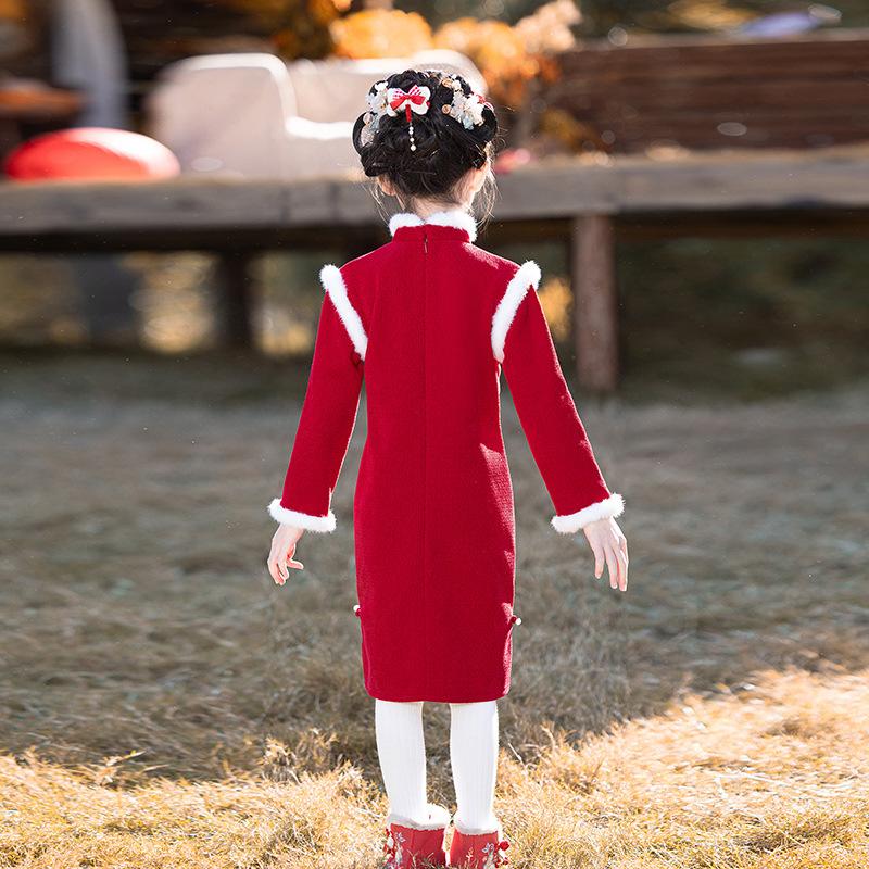 Red Girls' New Year's Clothing 1011 Winter New Fashion Improved Thickened European Cotton Lint Jacquard Daily Children's Cheongsam