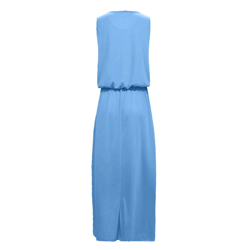 Women Sleeveless Casual Solid-Color Summer Swing Long Dresses Party Beach Round Neck Summer Dresses