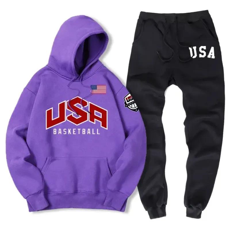 США баскетбольная уличная спортивная одежда с принтом спортивный костюм мужской теплый комплект из двух предметов свободная толстовка с капюшоном брюки комплект спортивный костюм с капюшоном