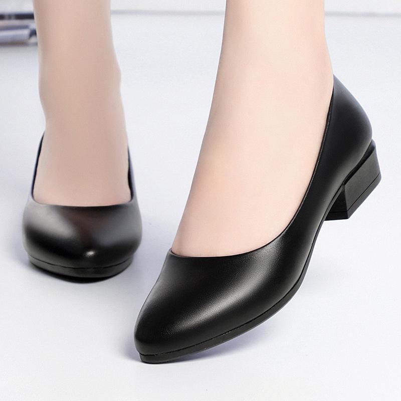 Весенние рабочие туфли черные профессиональные женские удобные туфли с круглым носком туфли-лодочки на низком каблуке из мягкой кожи офисные деловые туфли