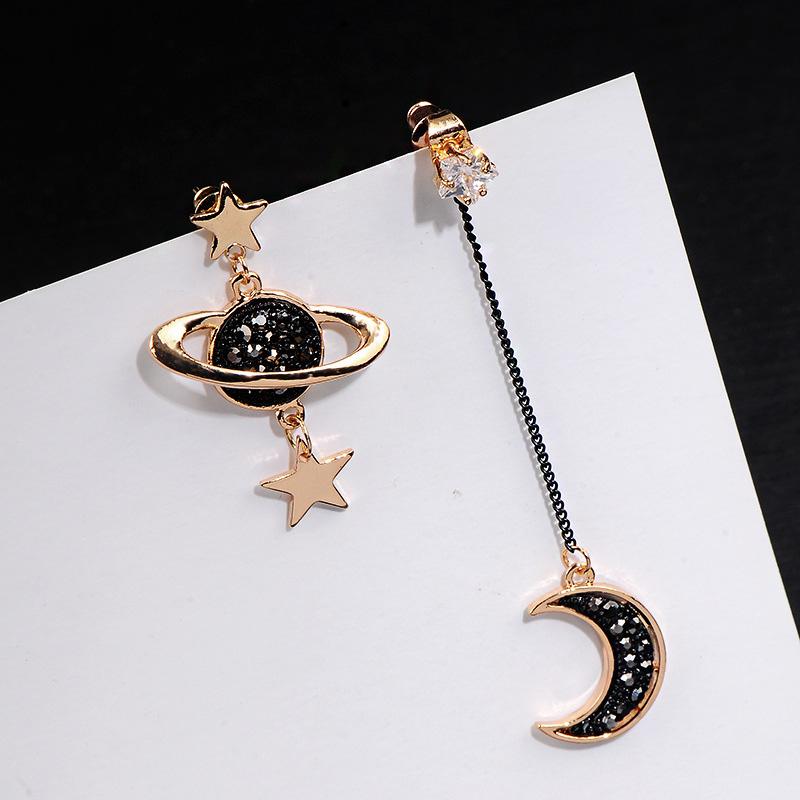 Asymmetrical Moon Star Dangle Earrings for Women Black Rhinestone Lovely Small Chic Girls Ear Accessories new in