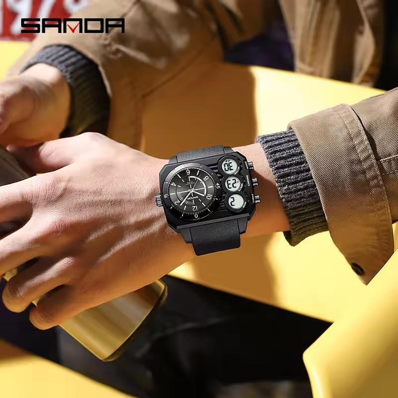 SANDA 6237 Dual Display Electronic Watch Waterproof Night Light Sports Creative Large Dial Calendar Cool Men's Digital Watch