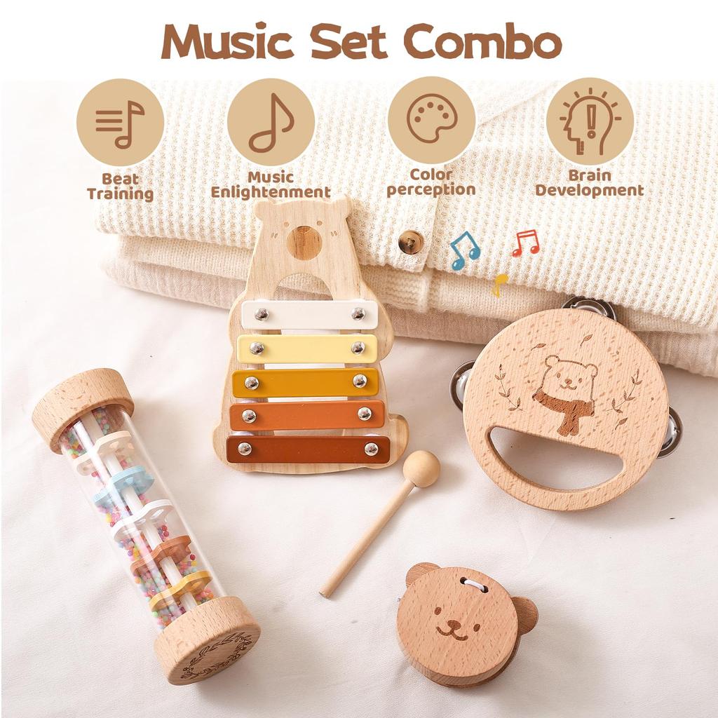 WOODEN TEETHER Musical Instrument Toy Music Enlightenment 4 Piece Set Rattle Wooden Toy Montessori Music Toy Xylophone Castanet Tambourine Rainbow