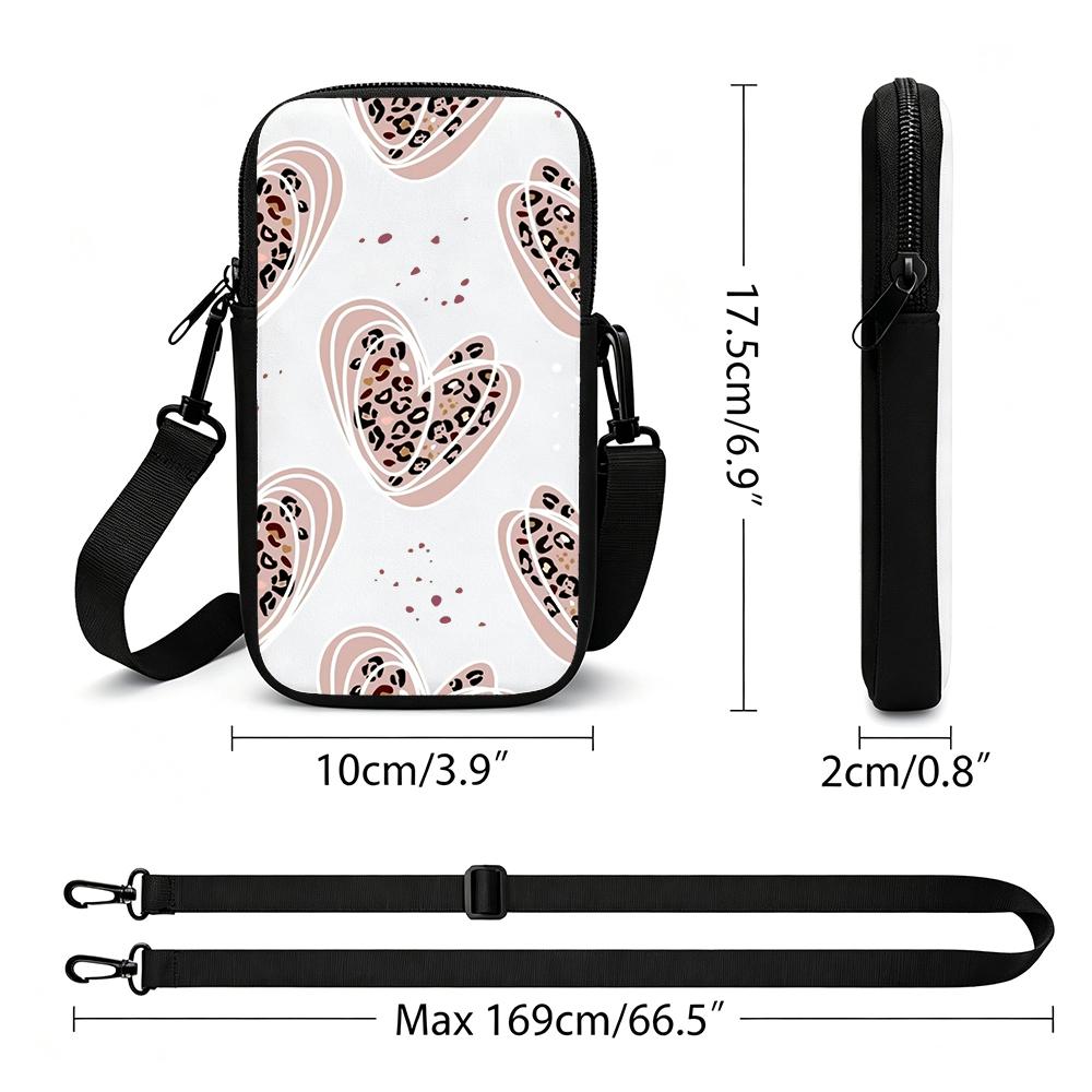 Boho Leopard Print Heart Pattern Crossbody Phone Bag, Stylish Aesthetic Love Graphic Small Shoulder Purse, Trendy Christmas Gift Accessories For Women