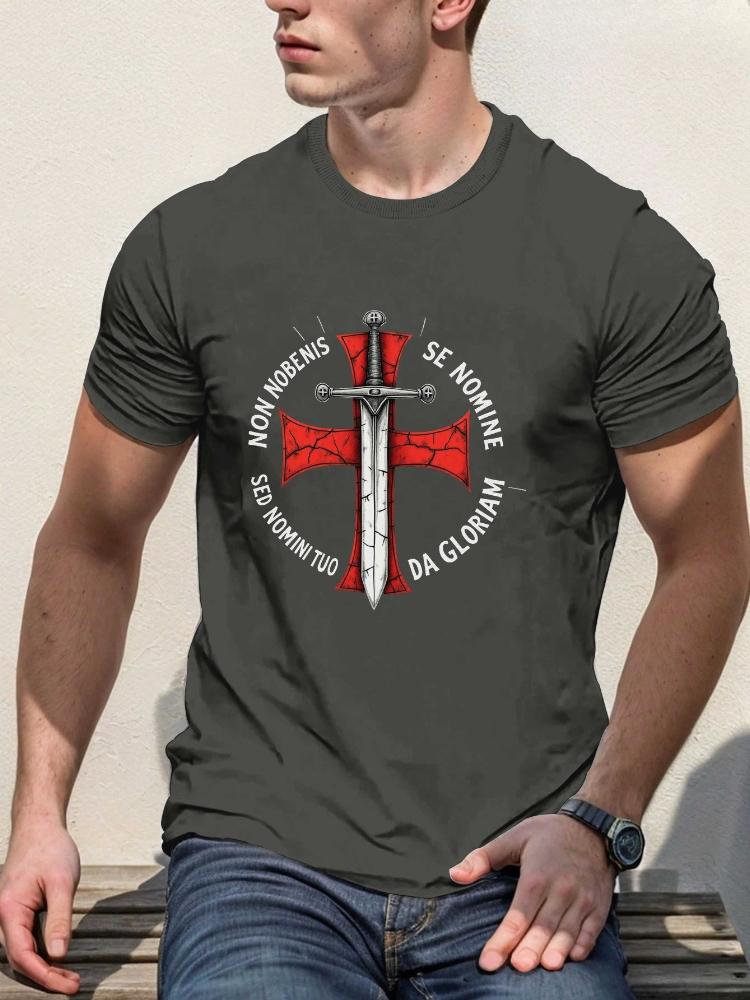 Medieval Sword Cross Latin QuoteRoyal Blue Medieval Knight Design with Red Sword100 short sleeve printed Unisexs Tshirt
