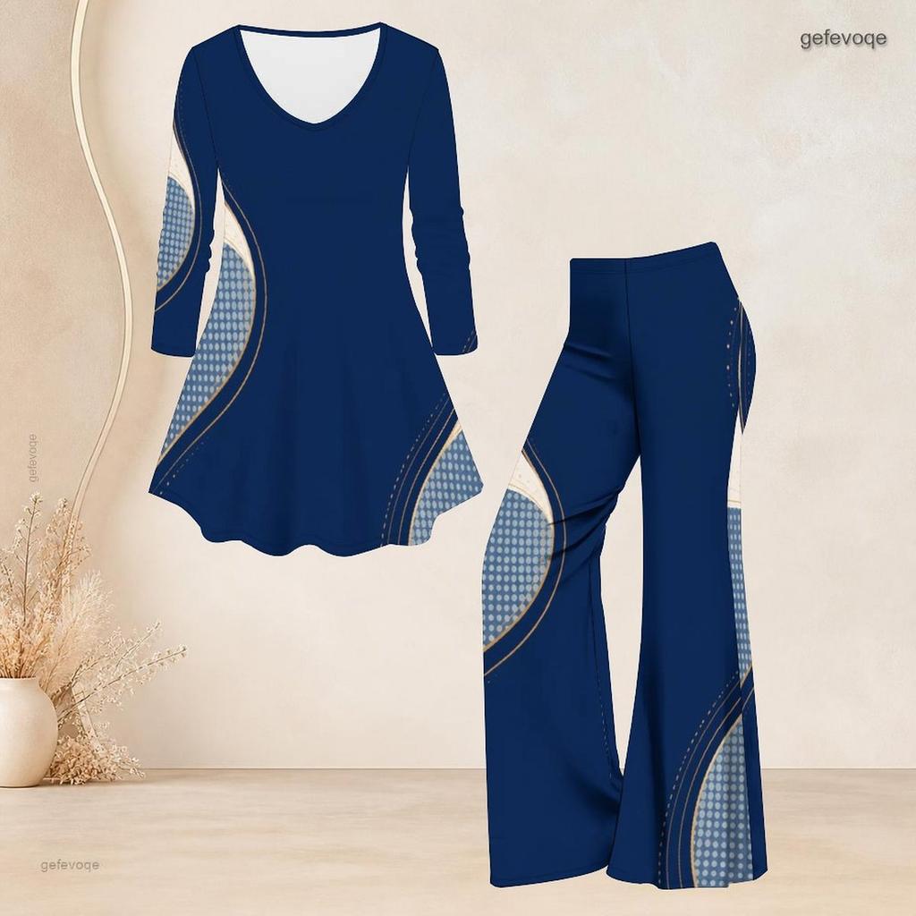 Women Plus Size Two Piece Set Round Neck Three Quarter Sleeve Abstract Printed Flared Top And Flared Pants