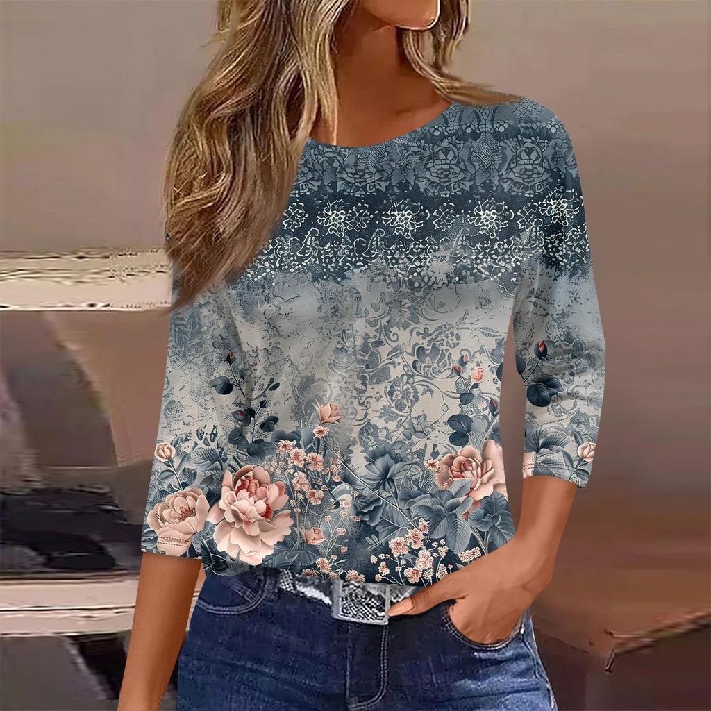 Женская футболка с принтом, рукав 3/4, повседневная, модная, на выходные, базовая, с круглым вырезом, стандартный топ