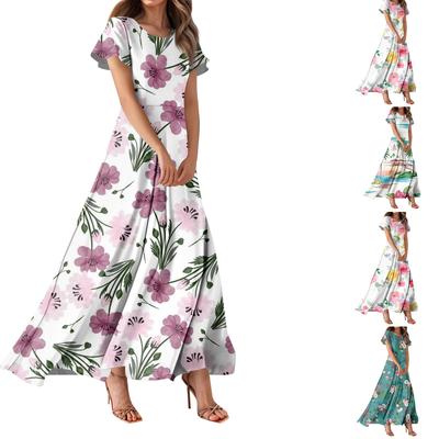 Женское повседневное платье с гавайским принтом, круглым вырезом, короткими рукавами и высокой талией