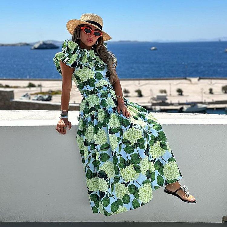 2024 Новое сексуальное бикини с рюшами в стиле ретро и высокой талией с принтом, модное с открытыми плечами, с принтом гортензии, с рюшами, цельный купальник и юбка, пляжный роскошный зеленый цвет