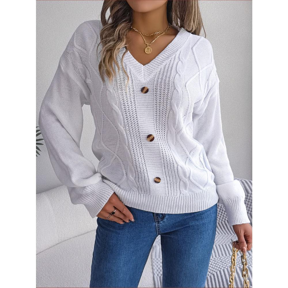 Осенне-зимний однотонный пуловер с v-образным вырезом на пуговицах и рукавами-фонариками