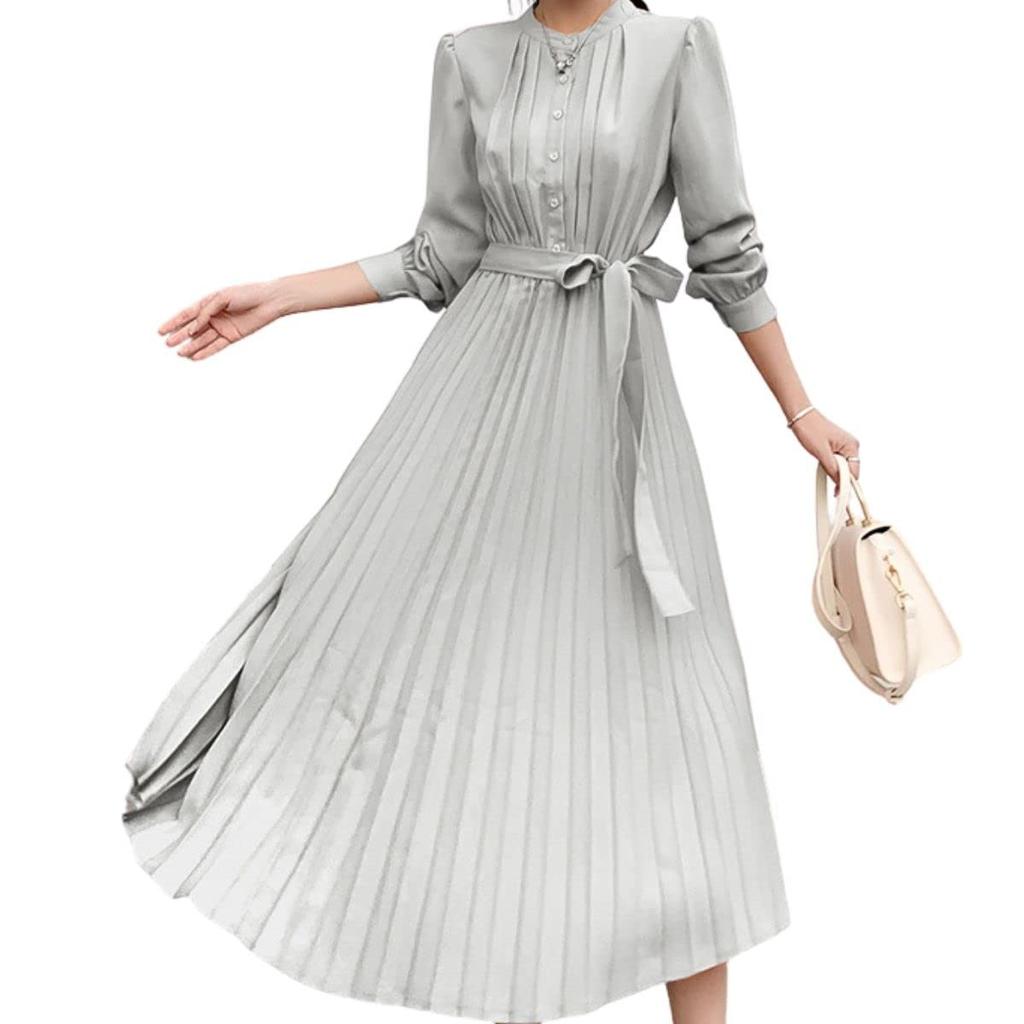 Belted Pleated Long Long High Elegant and Party Sizes [SHARE ITEMS] Dress, Sleeves, Skirt, Waist, Elegant, Women's Fall/Winter Dress, S-2XL (S, Gray)