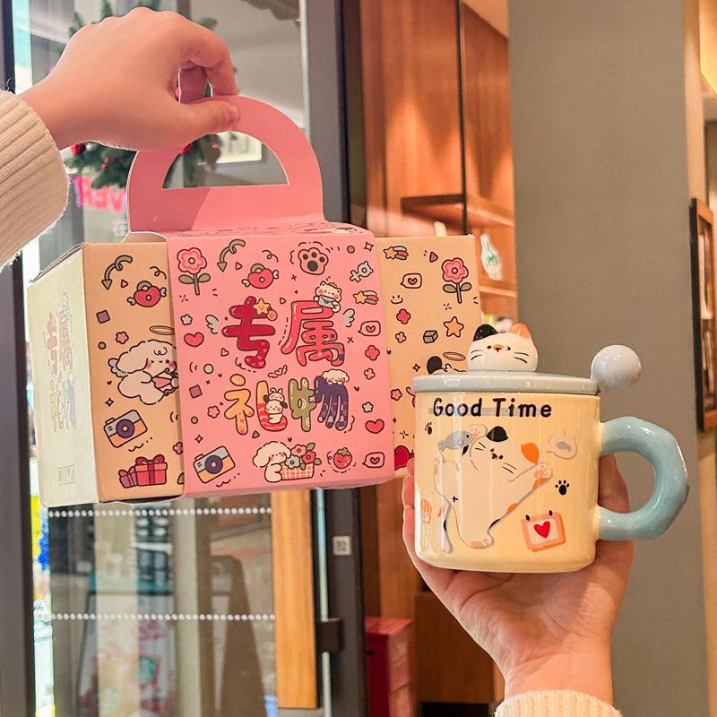 Birthday Gift Cute Cat Mug with Lid Couple Water Cup High Looking Bestie Ceramic Cup Practical Souvenir