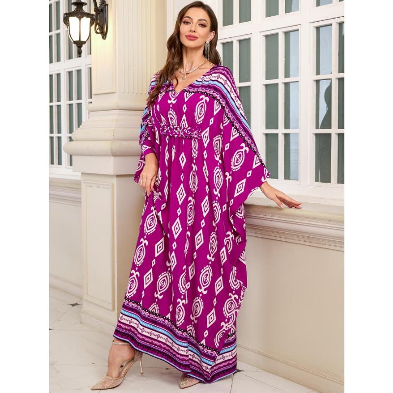 Женская мода весна осень геометрический принт длинный рукав V-образный вырез свободная талия повседневные платья