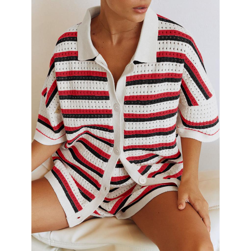 Трикотажные женские шорты из двух частей, комплекты домашней одежды, комплекты в полоску, контрастные цветные пуговицы, вязаные крючком топы и шорты, подходящие комплекты